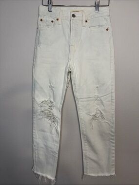 Levi's Premium Wedgie Straight Distressed White Jeans Raw Hem 25 | [PH0731]